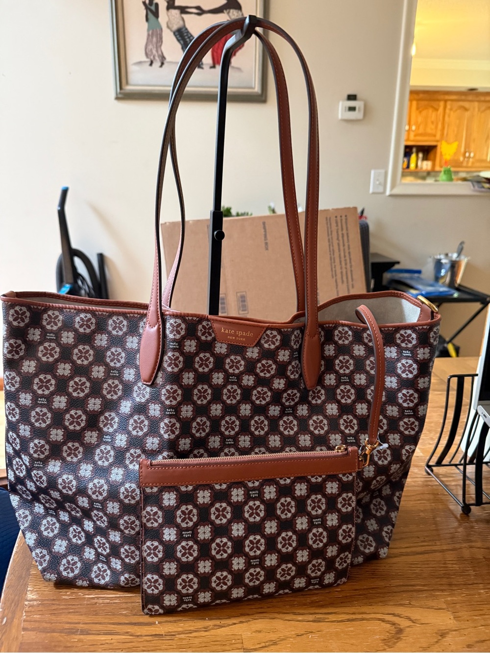 kate spade Brown Patterned Tote with Tan Trim and Matching Pouch